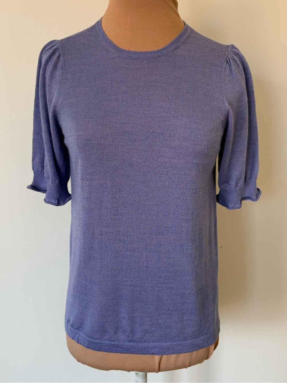 Pearl Lela Rose Periwinkle Purple Blue Merino Wool Short Sleeve Sweater EUC XS